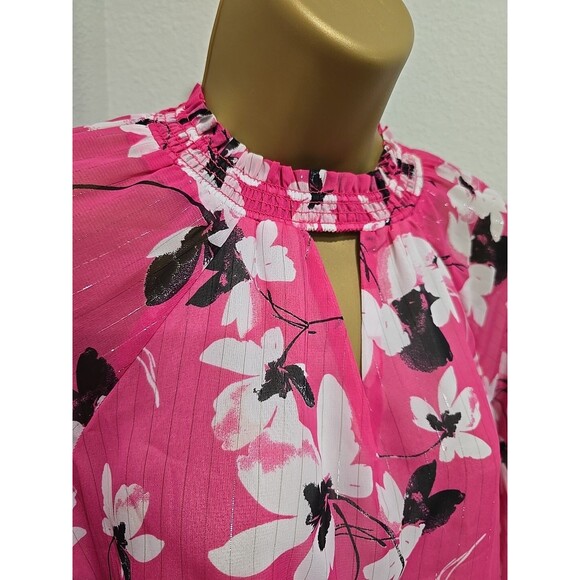 Pink Floral Flare Ruffle Sleeve Office Career Dressy Modest Blouse Womens 14 16 - Picture 2 of 10